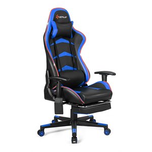 costway pu metal massage led gaming chair w/ lumbar support & footrest in blue