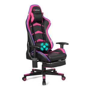 Costway PU Metal Massage LED Gaming Chair with Lumbar Support & Footrest in Pink