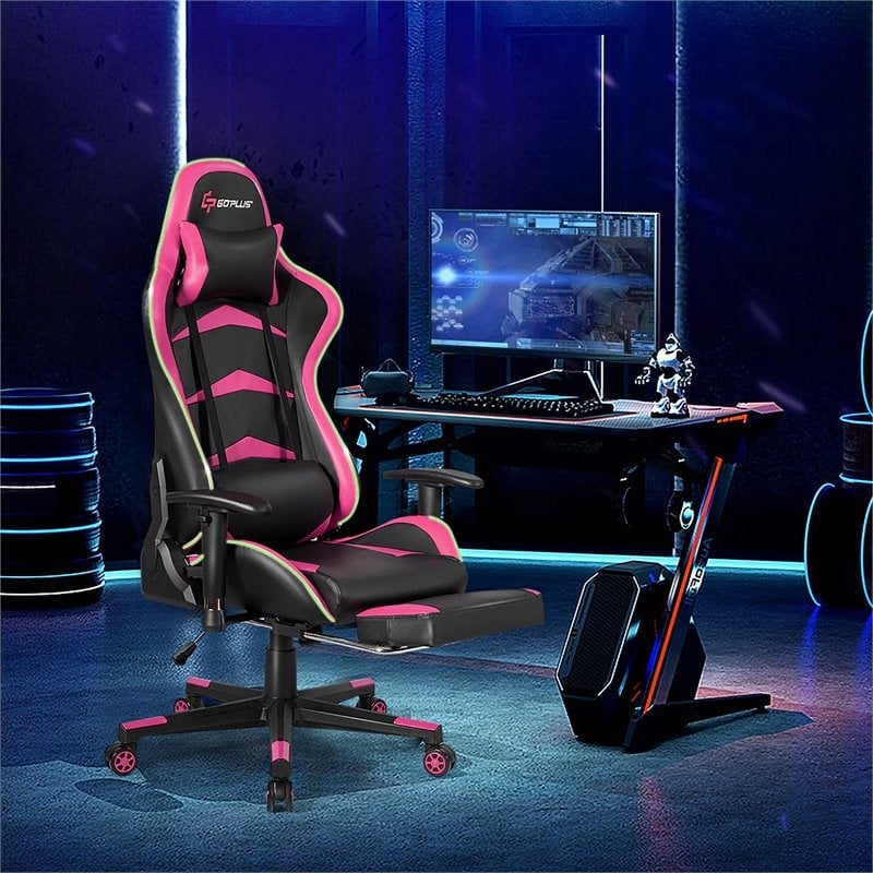 Costway PU Metal Massage LED Gaming Chair with Lumbar Support & Footrest in Pink