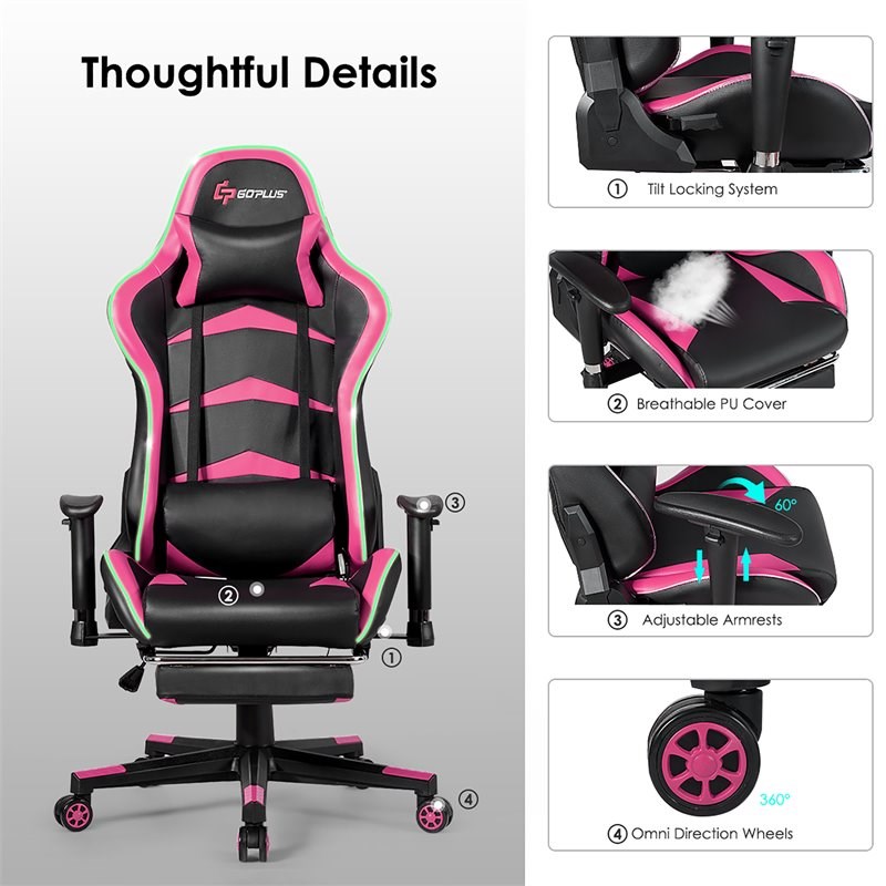 Costway PU Metal Massage LED Gaming Chair with Lumbar Support & Footrest in Pink