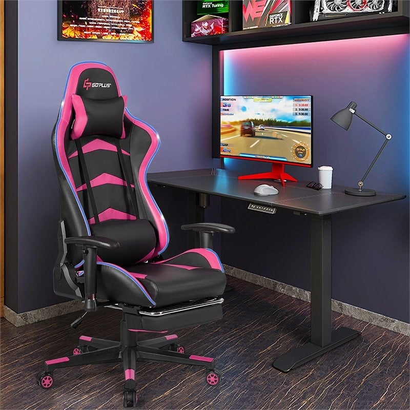 Costway PU Metal Massage LED Gaming Chair with Lumbar Support & Footrest in Pink