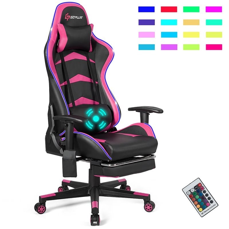 Costway PU Metal Massage LED Gaming Chair with Lumbar Support & Footrest in Pink