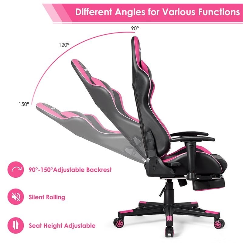 Costway PU Metal Massage LED Gaming Chair with Lumbar Support & Footrest in Pink