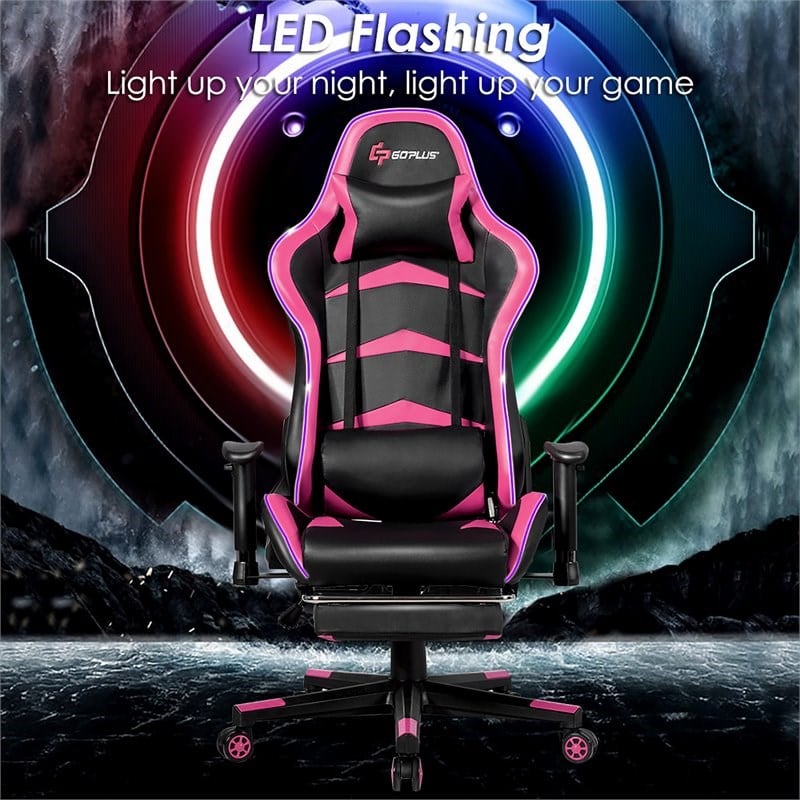 Costway PU Metal Massage LED Gaming Chair with Lumbar Support & Footrest in Pink
