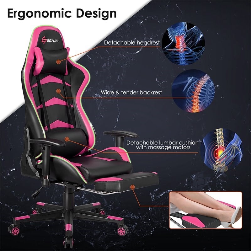 Costway PU Metal Massage LED Gaming Chair with Lumbar Support & Footrest in Pink
