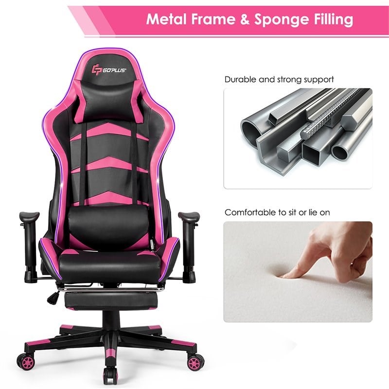 Costway PU Metal Massage LED Gaming Chair with Lumbar Support & Footrest in Pink