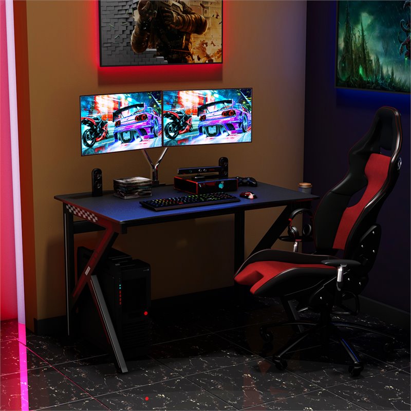 Costway K-Shaped MDF and Steel Computer Table with Cup Holder in Black