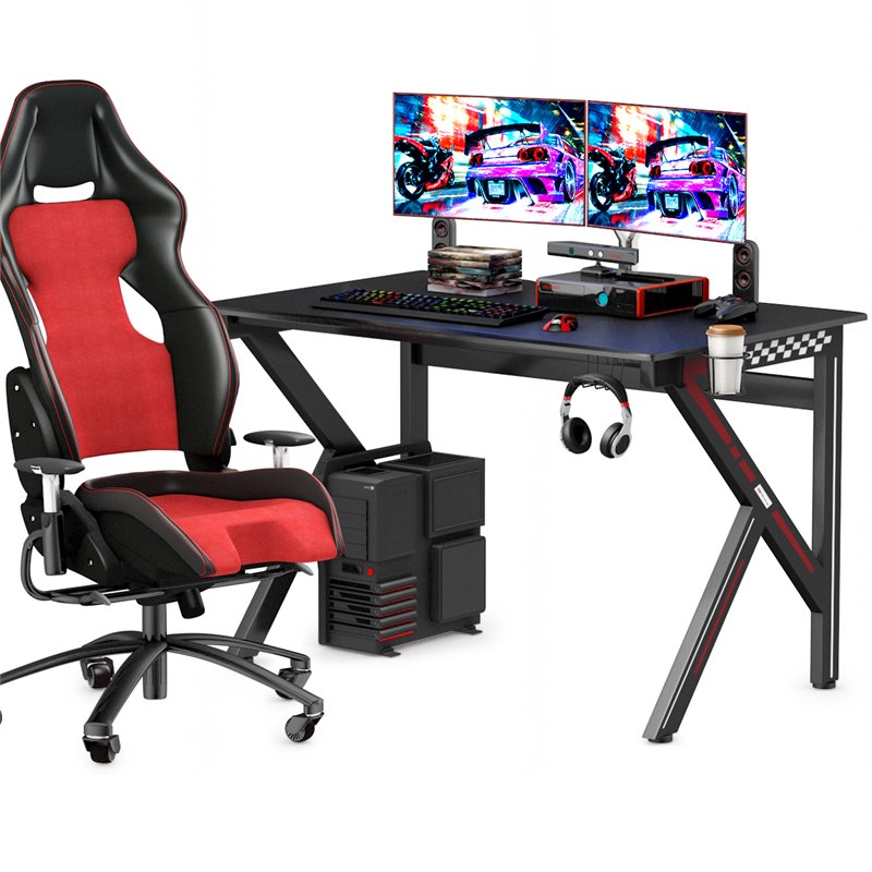 Costway K-Shaped MDF and Steel Computer Table with Cup Holder in Black