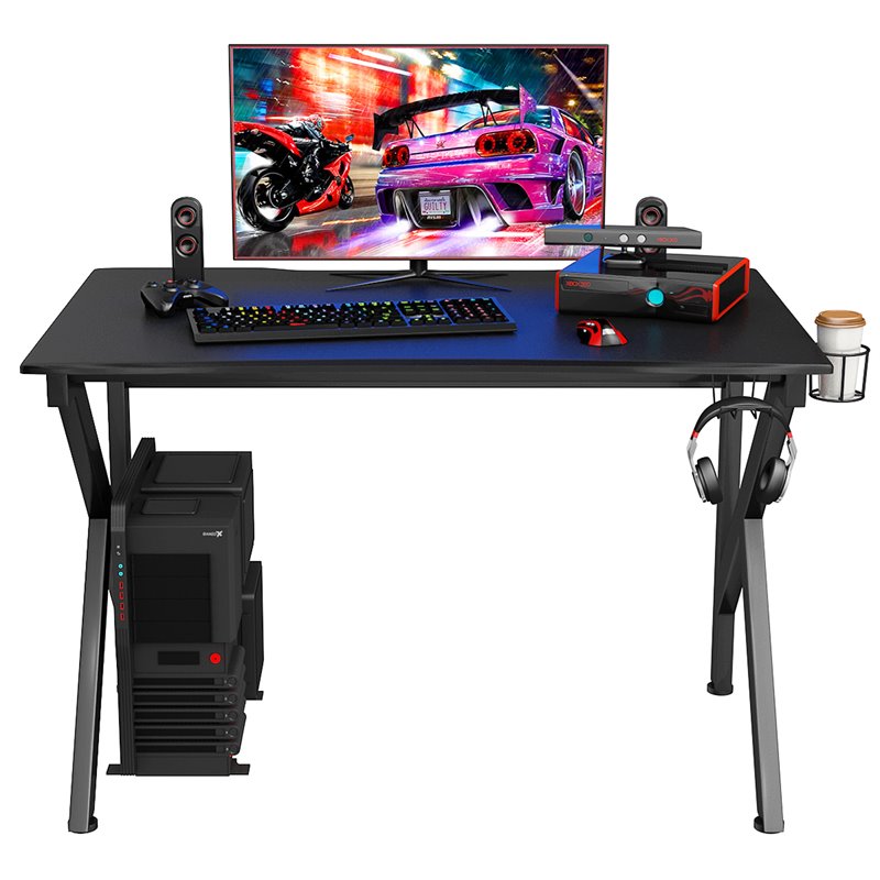 Costway K-Shaped MDF and Steel Computer Table with Cup Holder in Black