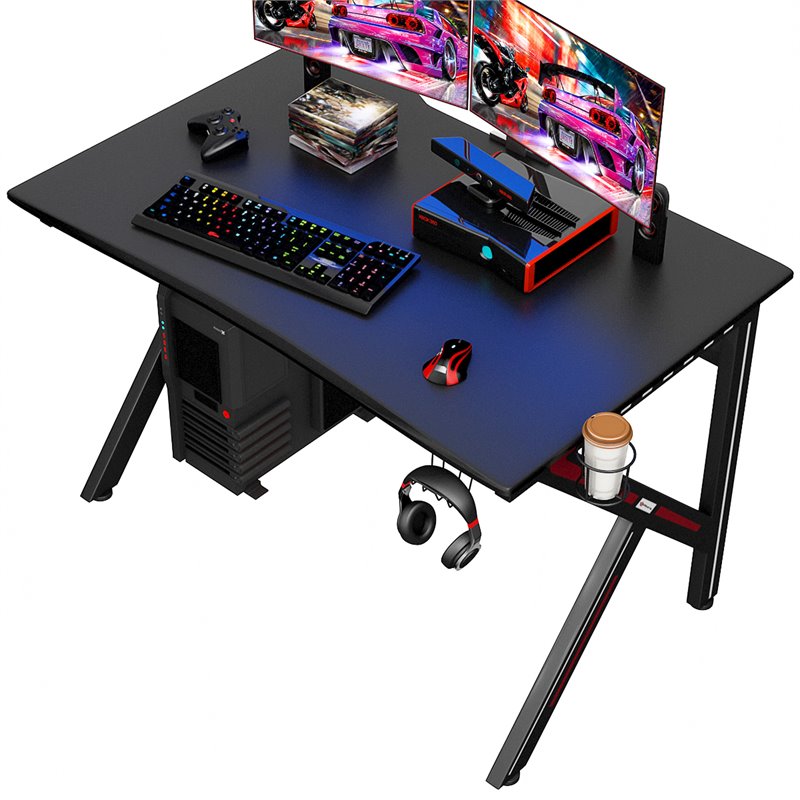 Costway K-Shaped MDF and Steel Computer Table with Cup Holder in Black