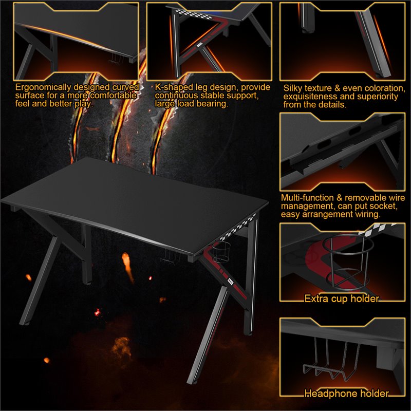 Costway K-Shaped MDF and Steel Computer Table with Cup Holder in Black