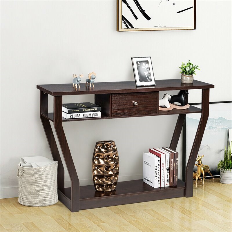 Costway 3-tier Contemporary MDF Console Table with Drawer in Brown