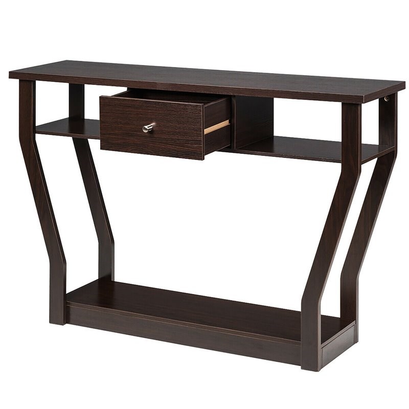 Costway 3-tier Contemporary MDF Console Table with Drawer in Brown