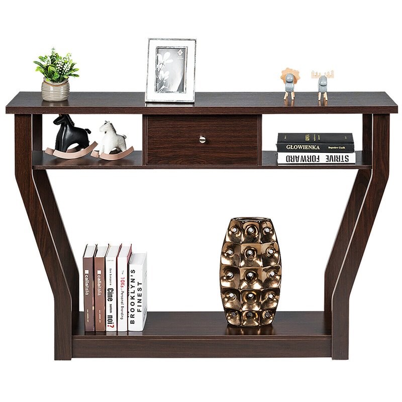 Costway 3-tier Contemporary MDF Console Table with Drawer in Brown