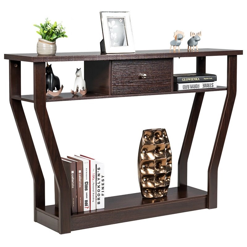 Costway 3-tier Contemporary MDF Console Table with Drawer in Brown