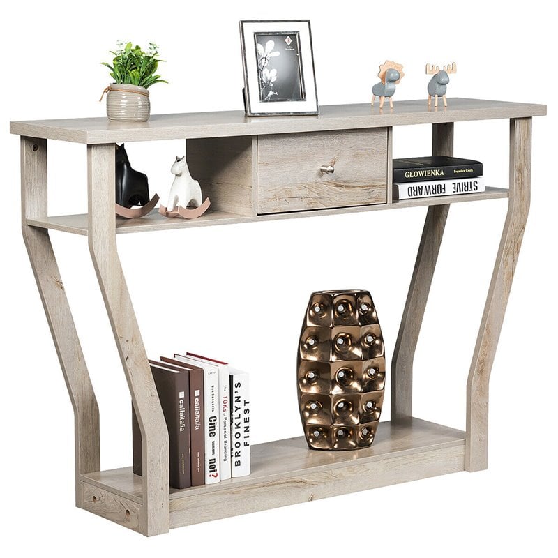 Costway 3-tier Contemporary MDF Console Table with Drawer in Gray