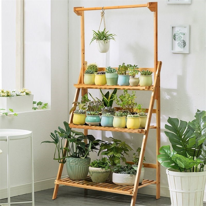 Costway 3-tier Contemporary Bamboo Hanging Folding Plant Shelf Stand in Natural