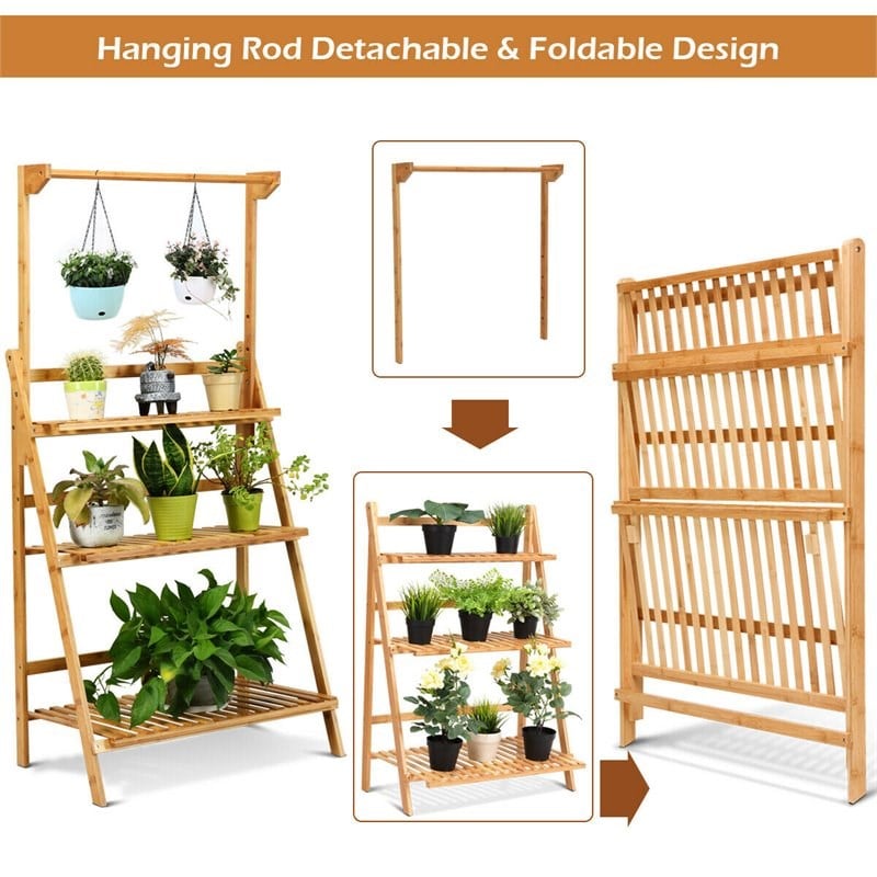 Costway 3-tier Contemporary Bamboo Hanging Folding Plant Shelf Stand in Natural
