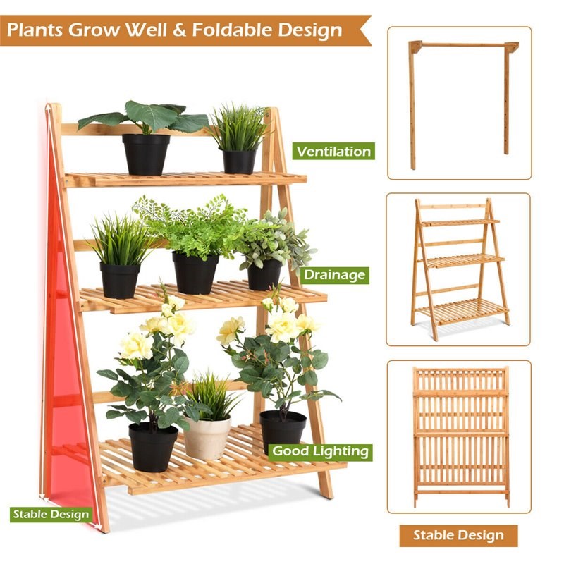 Costway 3-tier Contemporary Bamboo Hanging Folding Plant Shelf Stand in Natural