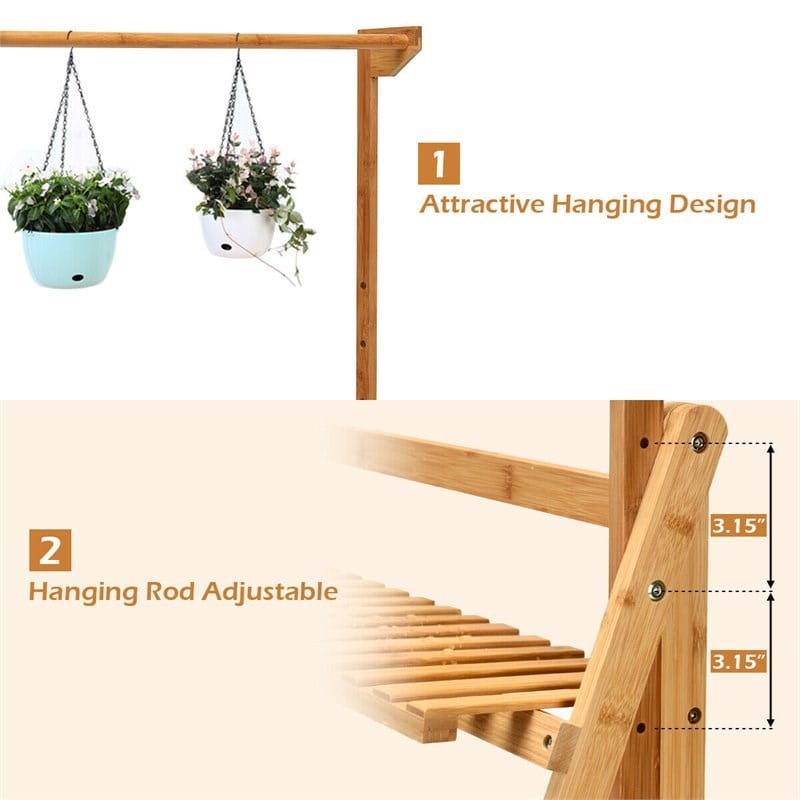 Costway 3-tier Contemporary Bamboo Hanging Folding Plant Shelf Stand in Natural