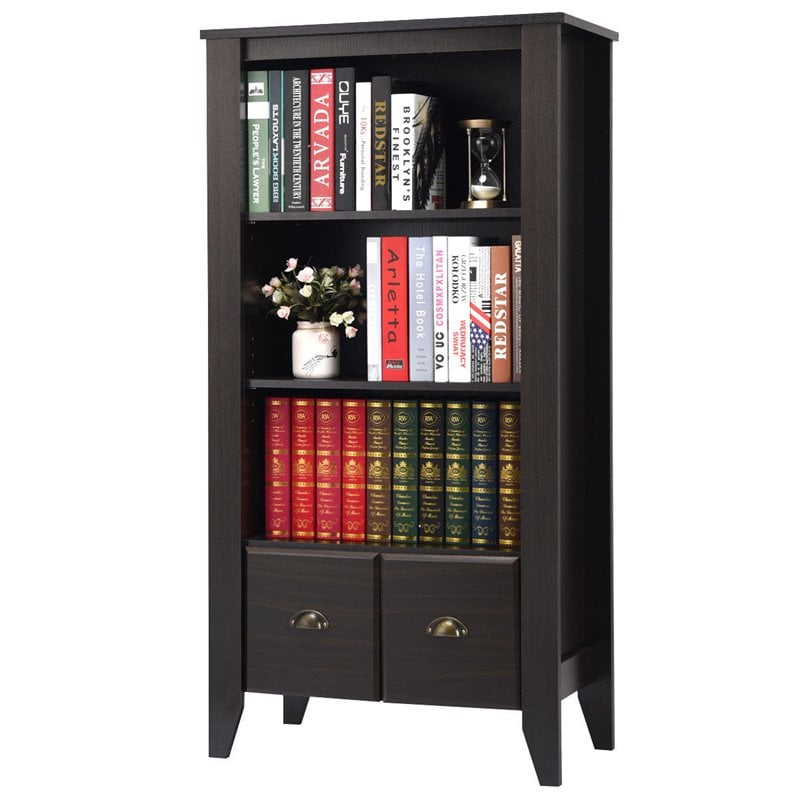 Costway 3-Shelf Contemporary MDF Adjustable Bookcase with 2 Drawers in Black
