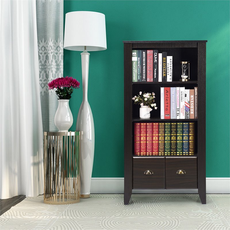 Costway 3-Shelf Contemporary MDF Adjustable Bookcase with 2 Drawers in Black