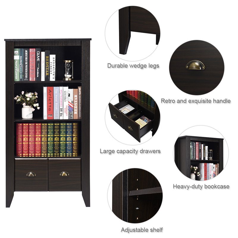 Costway 3-Shelf Contemporary MDF Adjustable Bookcase with 2 Drawers in Black
