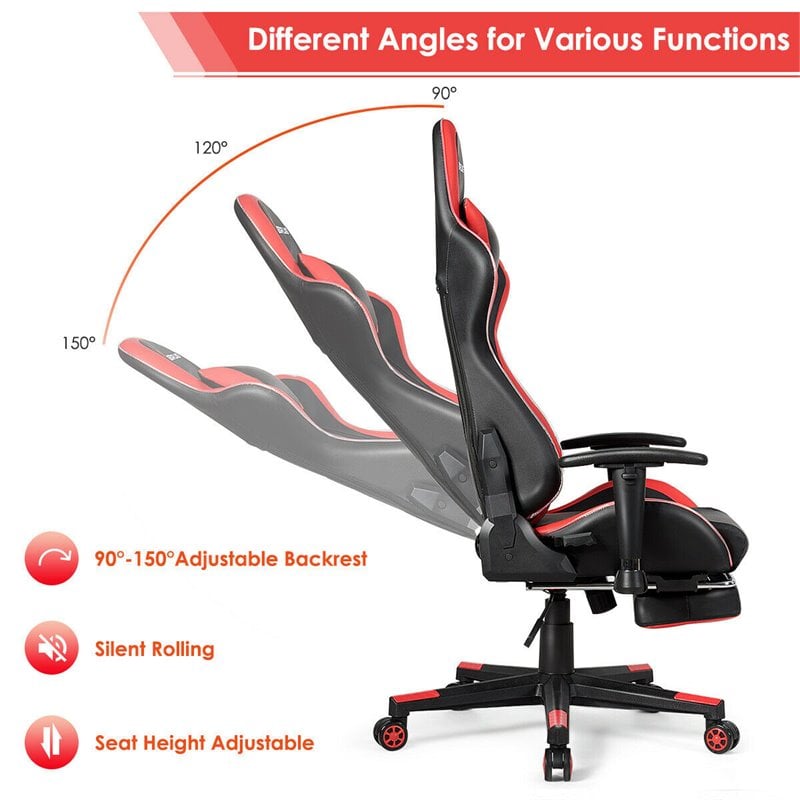 Costway PU Metal Massage LED Gaming Chair with Lumbar Support & Footrest in Red