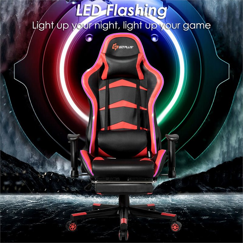 Costway PU Metal Massage LED Gaming Chair with Lumbar Support & Footrest in Red