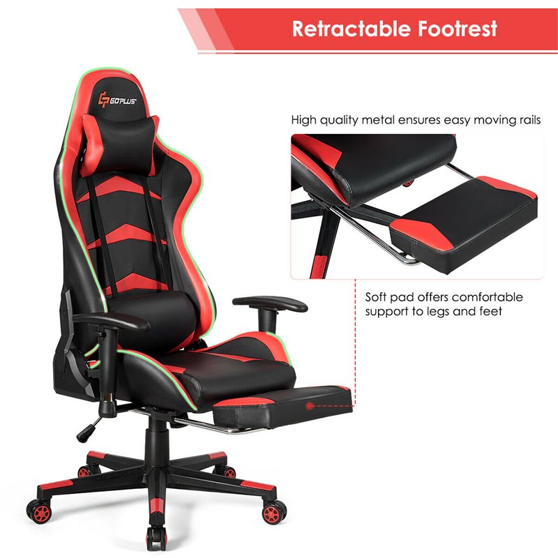 Costway PU Metal Massage LED Gaming Chair with Lumbar Support & Footrest in Red