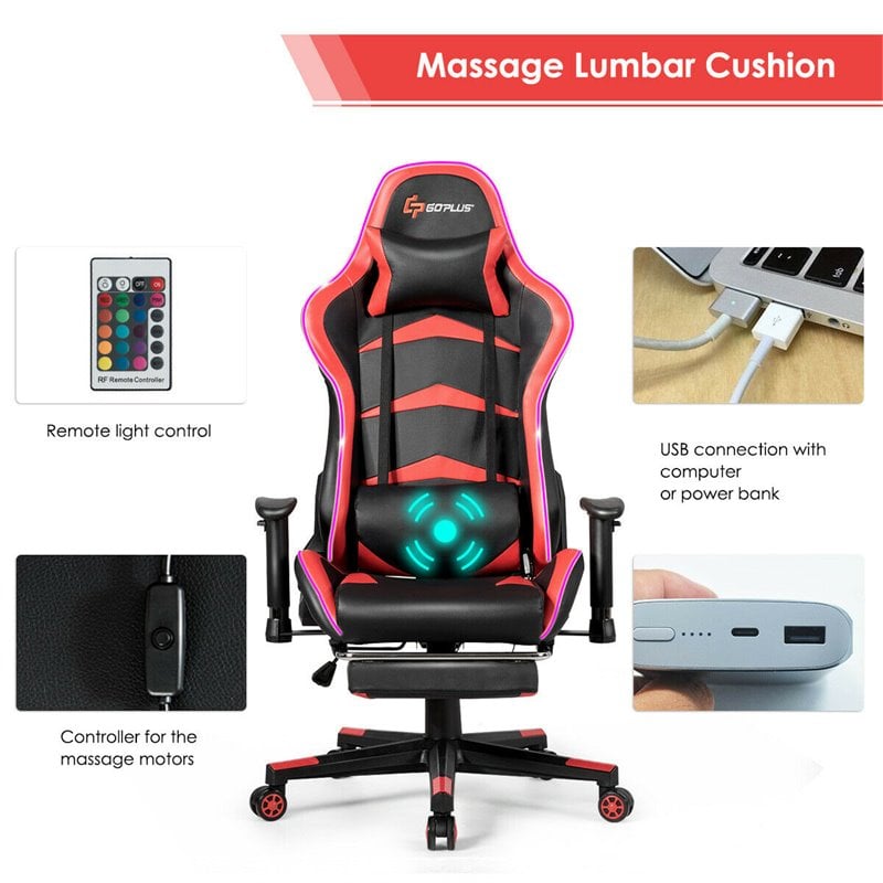 Costway PU Metal Massage LED Gaming Chair with Lumbar Support & Footrest in Red