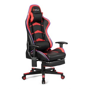 Costway PU Metal Massage LED Gaming Chair with Lumbar Support & Footrest in Red