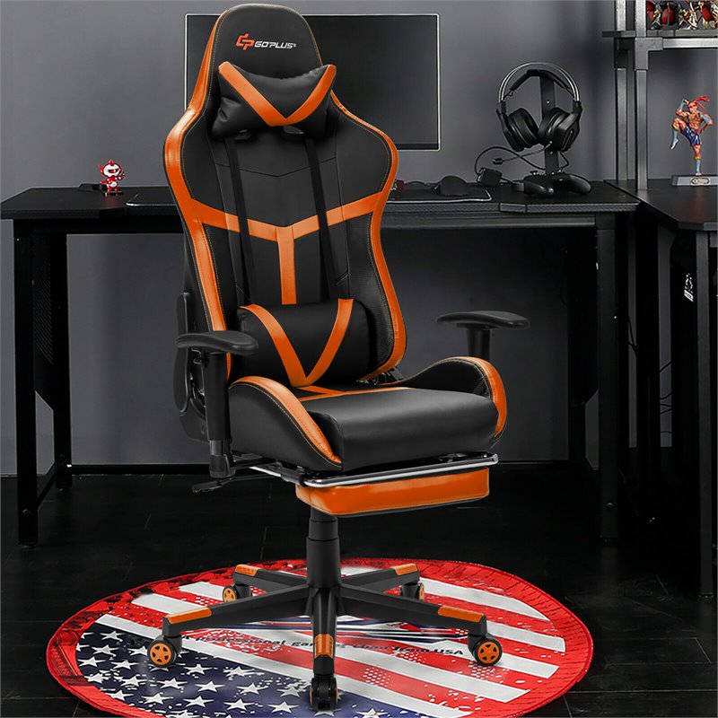 Costway PU Iron Massage Gaming Chair with Lumbar Support & Footrest in Orange