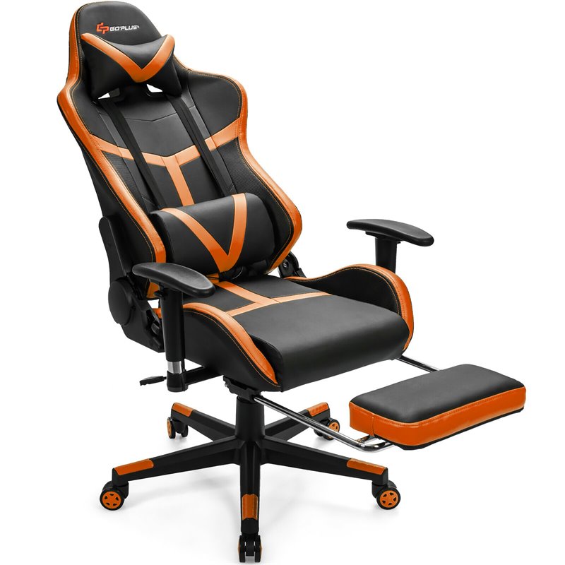 Costway PU Iron Massage Gaming Chair with Lumbar Support & Footrest in Orange