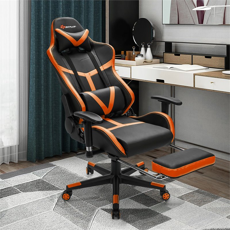 Costway PU Iron Massage Gaming Chair with Lumbar Support & Footrest in Orange