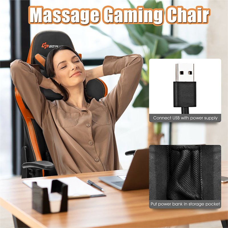 Costway PU Iron Massage Gaming Chair with Lumbar Support & Footrest in Orange