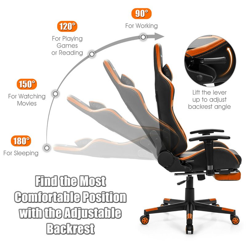 Costway PU Iron Massage Gaming Chair with Lumbar Support & Footrest in Orange
