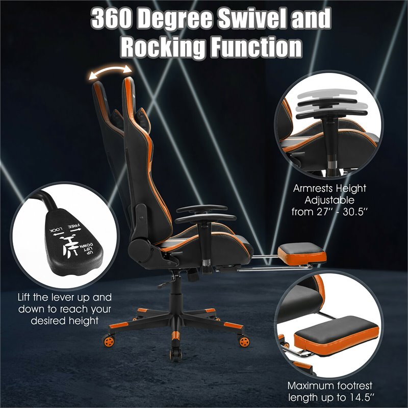 Costway PU Iron Massage Gaming Chair with Lumbar Support & Footrest in Orange