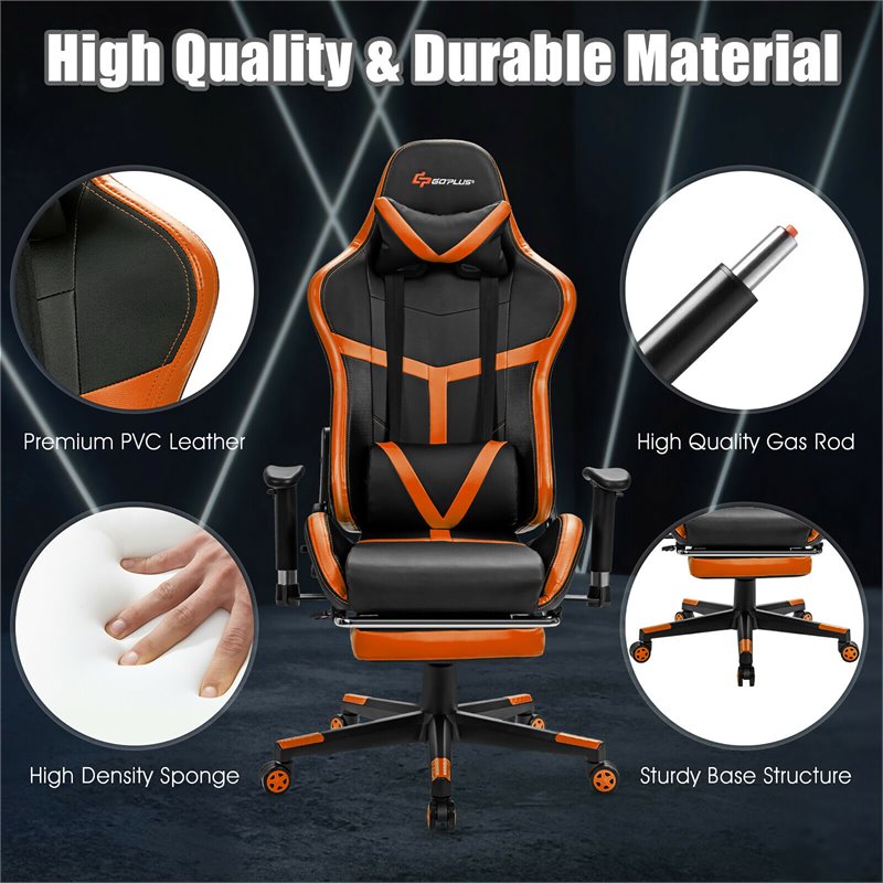 Costway PU Iron Massage Gaming Chair with Lumbar Support & Footrest in Orange