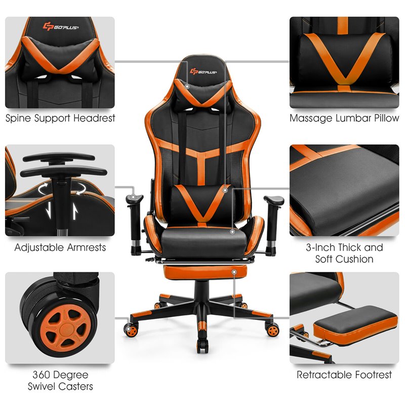 Costway PU Iron Massage Gaming Chair with Lumbar Support & Footrest in Orange