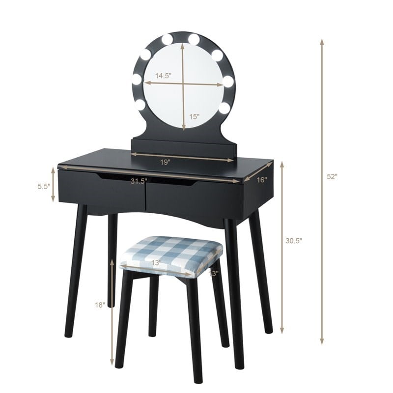 Costway MDF Vanity Makeup Dressing Set with 8 Dimmable Bulbs Mirror in Black