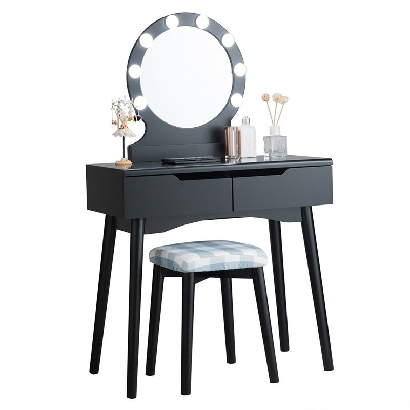 Costway MDF Vanity Makeup Dressing Set with 8 Dimmable Bulbs Mirror in Black