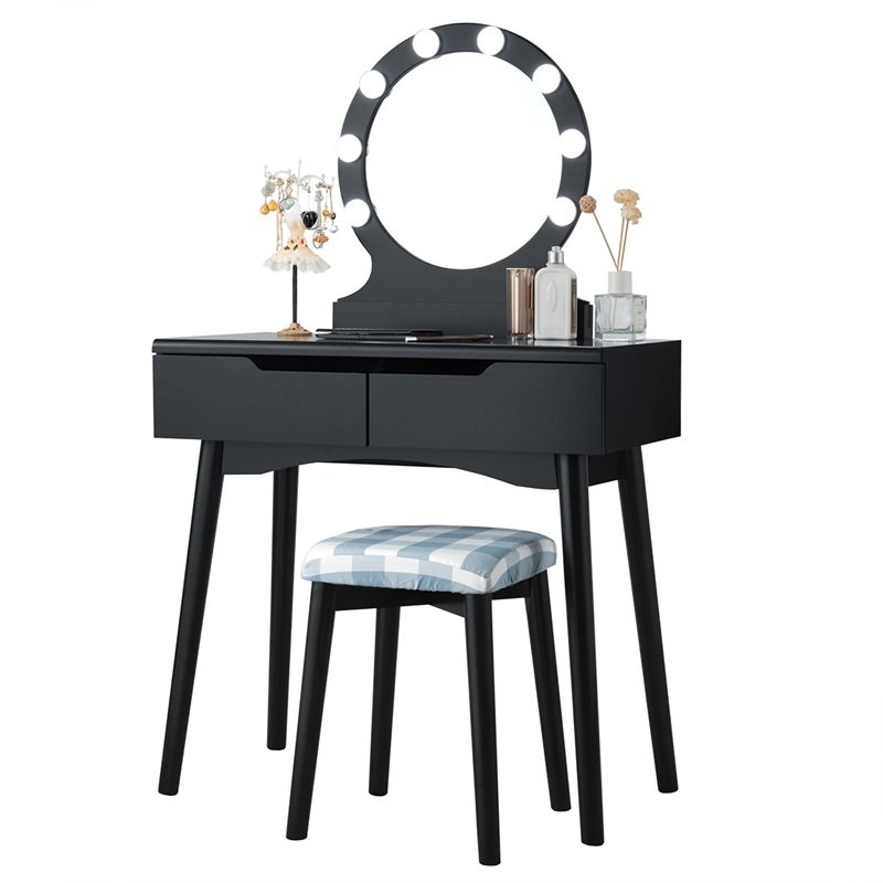 Costway MDF Vanity Makeup Dressing Set with 8 Dimmable Bulbs Mirror in Black