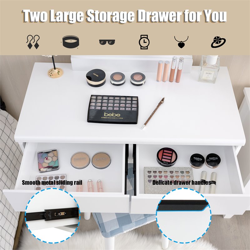 Costway MDF Vanity Makeup Dressing Set with 8 Dimmable Bulbs Mirror in White