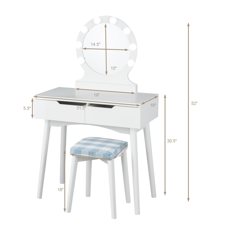 Costway MDF Vanity Makeup Dressing Set with 8 Dimmable Bulbs Mirror in White