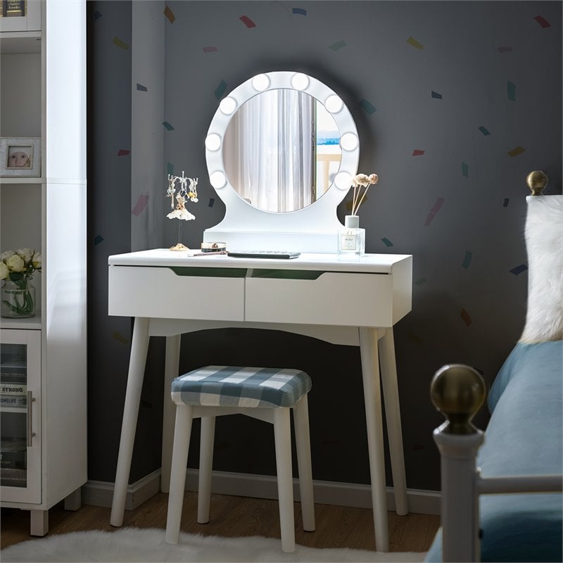Costway MDF Vanity Makeup Dressing Set with 8 Dimmable Bulbs Mirror in White