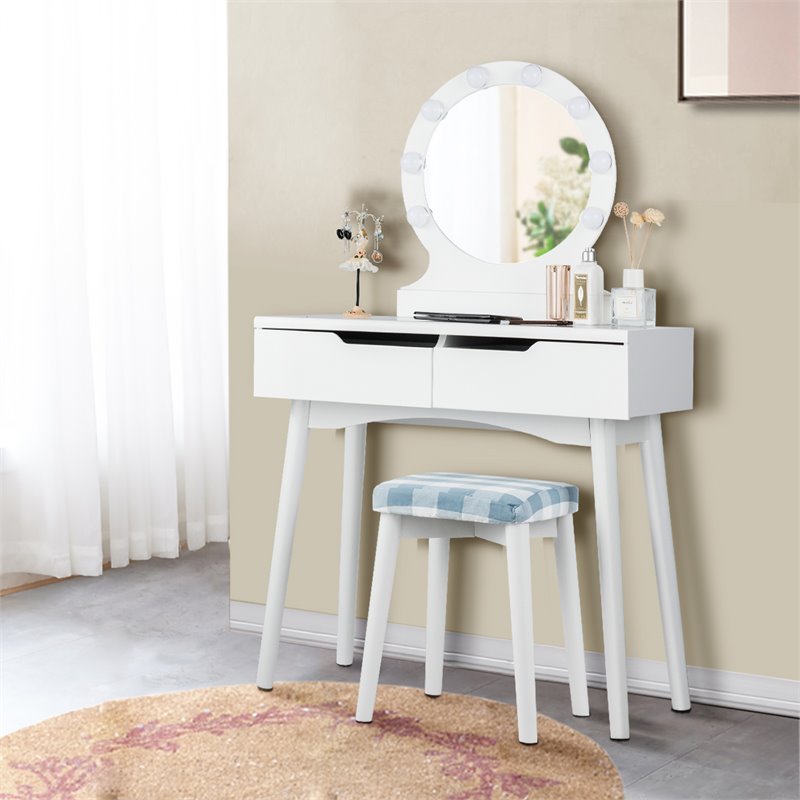 Costway MDF Vanity Makeup Dressing Set with 8 Dimmable Bulbs Mirror in White