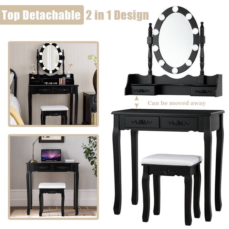 Costway Contemporary P2 MDF Vanity Dressing Table Set with 4 Drawers in Black