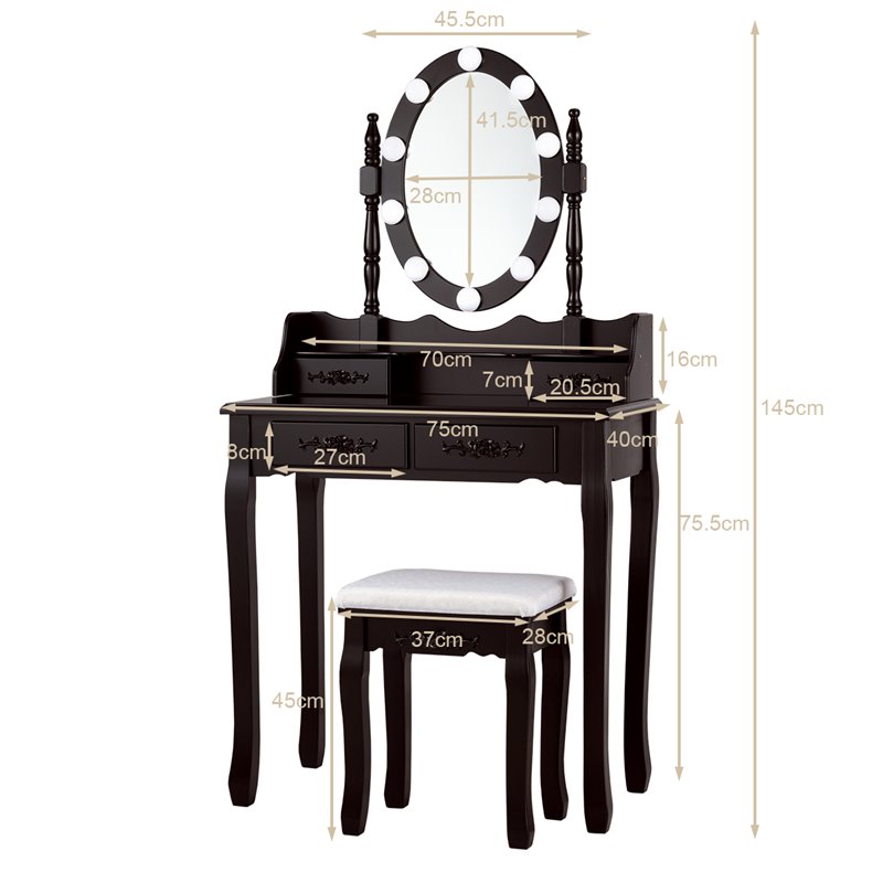 Costway Contemporary P2 MDF Vanity Dressing Table Set with 4 Drawers in Brown