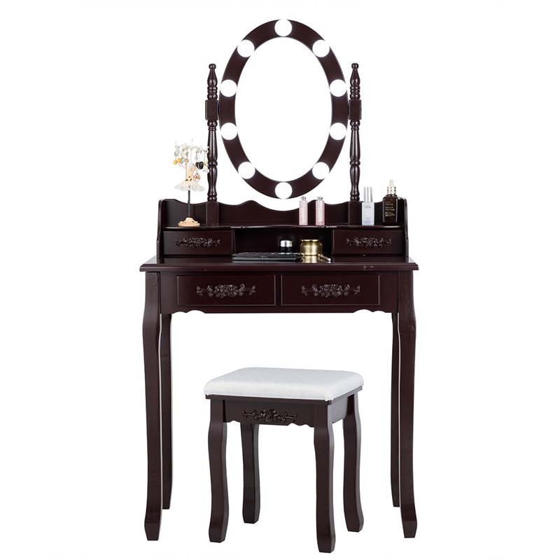 Costway Contemporary P2 MDF Vanity Dressing Table Set with 4 Drawers in Brown